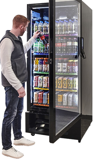 Smart vending cooler with customer selecting a drink